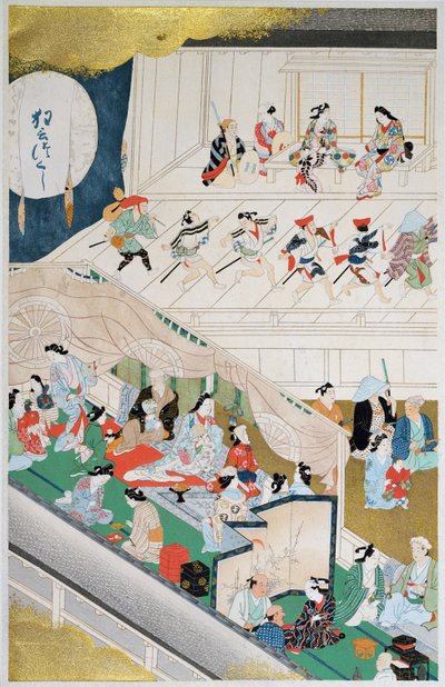 Scene of Japanese popular theatre during the Genroku period (1688-1704), illustration from 